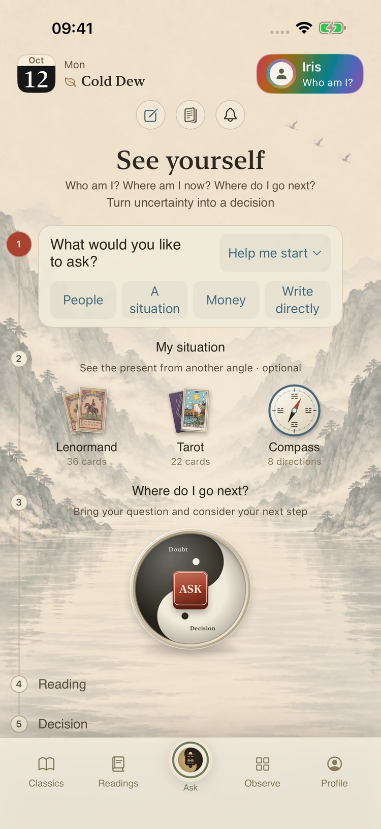 Yi App Home: write a question and begin reflecting